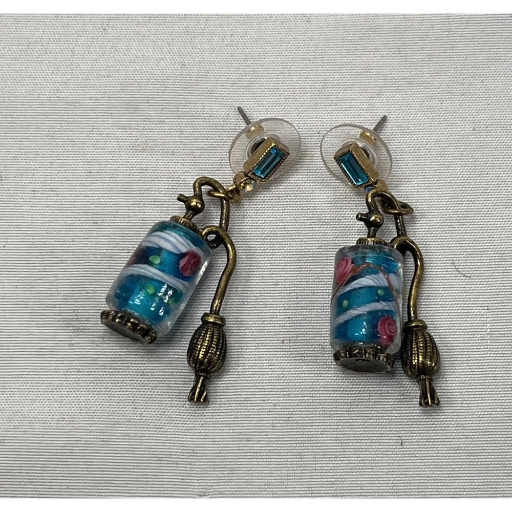 Vintage Style Blue Millefiori Glass Floral Drop Earrings Brass Poppy Pod Dangle